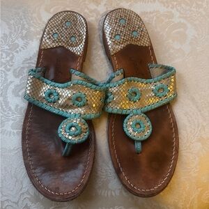 Jack Rogers Gold and Teal Sandals with Medallion Design